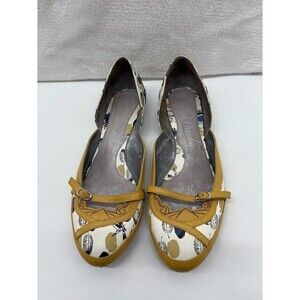 Laura Brandon Anthropologie Leather Flat Shoe Floral Yellow Pattern Size 8.5